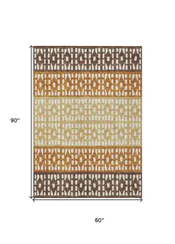 5' X 8' Coffee Copper And Ivory Geometric Washable Indoor Outdoor Area Rug