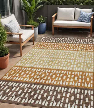 5' X 8' Coffee Copper And Ivory Geometric Washable Indoor Outdoor Area Rug
