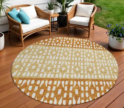 8' Coffee Copper And Ivory Round Geometric Washable Indoor Outdoor Area Rug