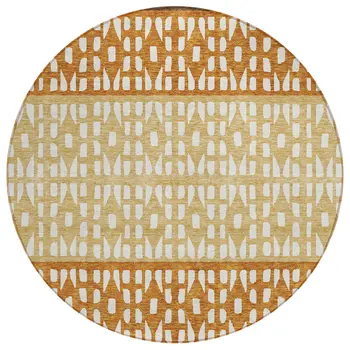 8' Coffee Copper And Ivory Round Geometric Washable Indoor Outdoor Area Rug