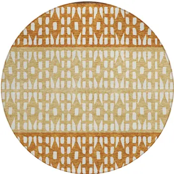 8' Coffee Copper And Ivory Round Geometric Washable Indoor Outdoor Area Rug