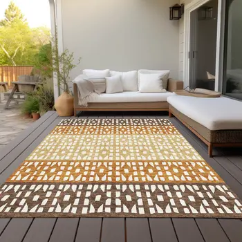 8' X 10' Coffee Copper And Ivory Geometric Washable Indoor Outdoor Area Rug