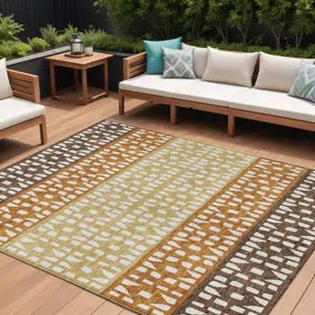 9' X 12' Coffee Copper And Ivory Geometric Washable Indoor Outdoor Area Rug