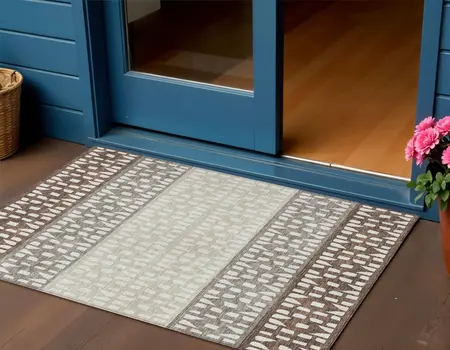 3' X 5' Chocolate Taupe And Ivory Geometric Washable Indoor Outdoor Area Rug