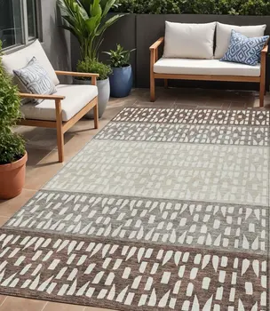 5' X 8' Chocolate Taupe And Ivory Geometric Washable Indoor Outdoor Area Rug