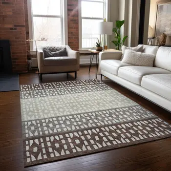 5' X 8' Chocolate Taupe And Ivory Geometric Washable Indoor Outdoor Area Rug