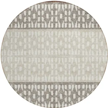 8' Chocolate Taupe And Ivory Round Geometric Washable Indoor Outdoor Area Rug