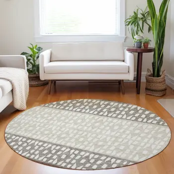 8' Chocolate Taupe And Ivory Round Geometric Washable Indoor Outdoor Area Rug