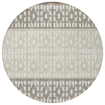 8' Chocolate Taupe And Ivory Round Geometric Washable Indoor Outdoor Area Rug