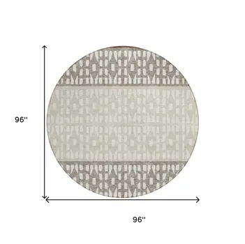 8' Chocolate Taupe And Ivory Round Geometric Washable Indoor Outdoor Area Rug