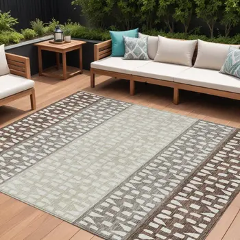 9' X 12' Chocolate Taupe And Ivory Geometric Washable Indoor Outdoor Area Rug