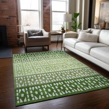 5' X 8' Green Sage And Ivory Geometric Washable Indoor Outdoor Area Rug