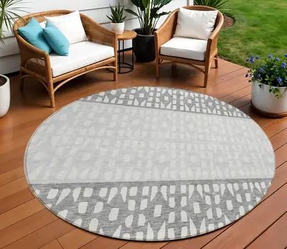 8' Gray Silver And Charcoal Round Geometric Washable Indoor Outdoor Area Rug