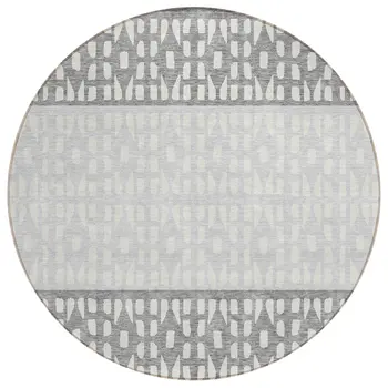 8' Gray Silver And Charcoal Round Geometric Washable Indoor Outdoor Area Rug