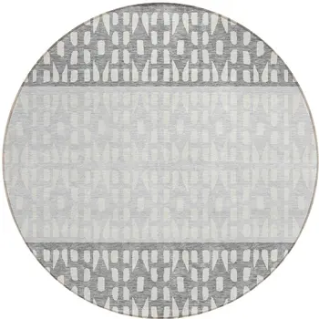 8' Gray Silver And Charcoal Round Geometric Washable Indoor Outdoor Area Rug