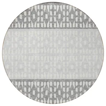 8' Gray Silver And Charcoal Round Geometric Washable Indoor Outdoor Area Rug