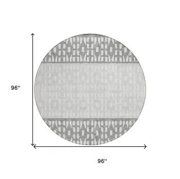 8' Gray Silver And Charcoal Round Geometric Washable Indoor Outdoor Area Rug