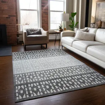 9' X 12' Gray Silver And Charcoal Geometric Washable Indoor Outdoor Area Rug