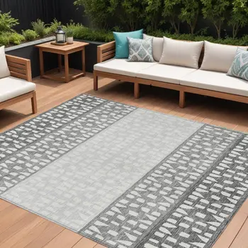 10' X 14' Gray Silver And Charcoal Geometric Washable Indoor Outdoor Area Rug