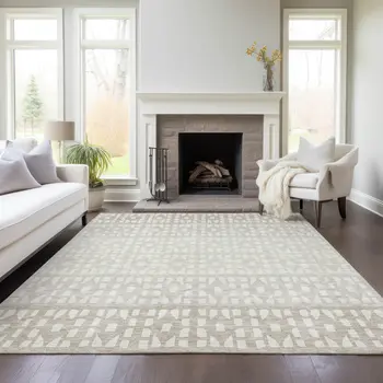 3' X 5' Ivory Beige And Tan Geometric Washable Indoor Outdoor Area Rug