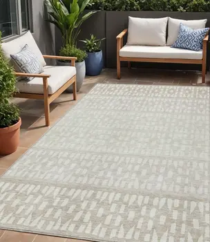5' X 8' Ivory Beige And Tan Geometric Washable Indoor Outdoor Area Rug