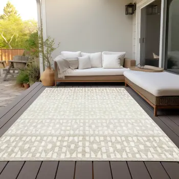 10' X 14' Ivory Beige And Tan Geometric Washable Indoor Outdoor Area Rug