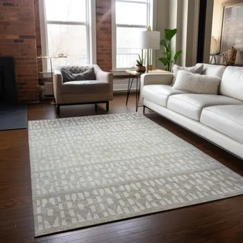 10' X 14' Ivory Beige And Tan Geometric Washable Indoor Outdoor Area Rug