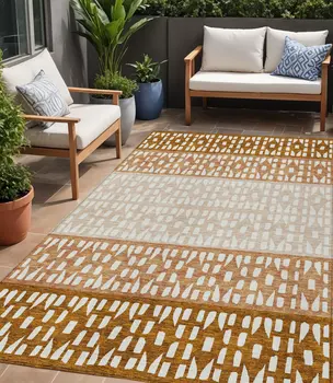 5' X 8' Orange Beige And Ivory Geometric Washable Indoor Outdoor Area Rug
