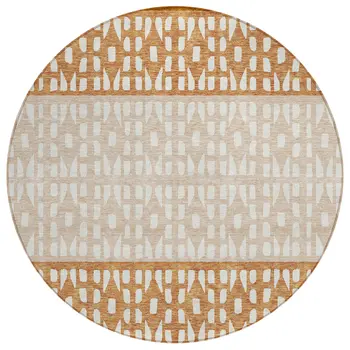 8' Orange Beige And Ivory Round Geometric Washable Indoor Outdoor Area Rug