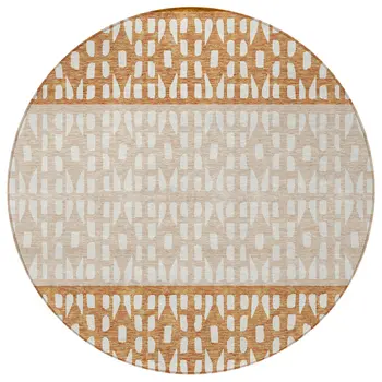 8' Orange Beige And Ivory Round Geometric Washable Indoor Outdoor Area Rug