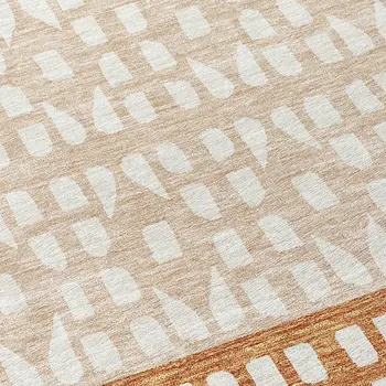 8' Orange Beige And Ivory Round Geometric Washable Indoor Outdoor Area Rug