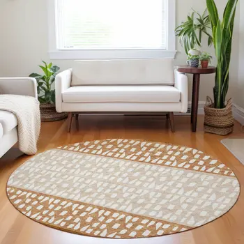 8' Orange Beige And Ivory Round Geometric Washable Indoor Outdoor Area Rug