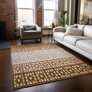9' X 12' Orange Beige And Ivory Geometric Washable Indoor Outdoor Area Rug