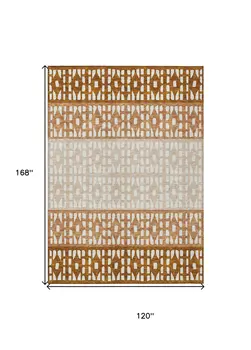 10' X 14' Orange Beige And Ivory Geometric Washable Indoor Outdoor Area Rug