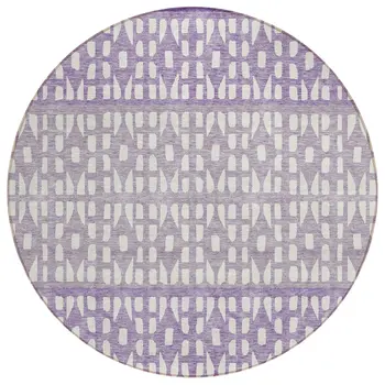 8' Purple Lavender And Ivory Round Geometric Washable Indoor Outdoor Area Rug