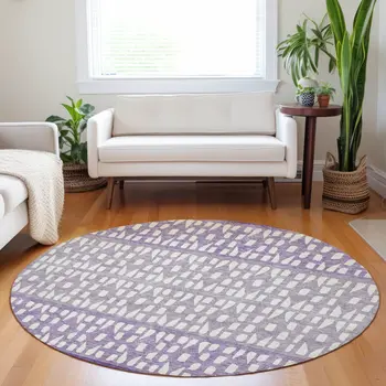 8' Purple Lavender And Ivory Round Geometric Washable Indoor Outdoor Area Rug