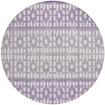 8' Purple Lavender And Ivory Round Geometric Washable Indoor Outdoor Area Rug
