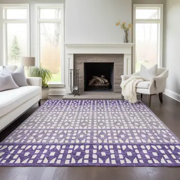 10' X 14' Purple Lavender And Ivory Geometric Washable Indoor Outdoor Area Rug