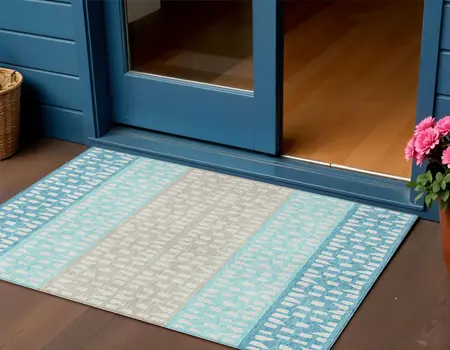 3' X 5' Teal Blue Aqua And Ivory Geometric Washable Indoor Outdoor Area Rug