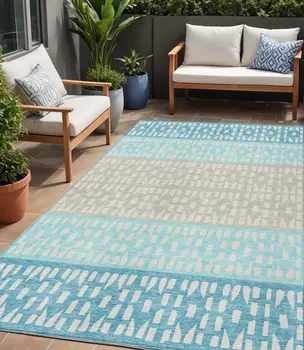 5' X 8' Teal Blue Aqua And Ivory Geometric Washable Indoor Outdoor Area Rug