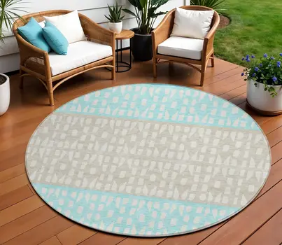 8' Teal Blue Aqua And Ivory Round Geometric Washable Indoor Outdoor Area Rug