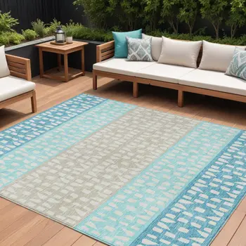 8' X 10' Teal Blue Aqua And Ivory Geometric Washable Indoor Outdoor Area Rug