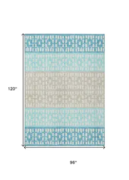 8' X 10' Teal Blue Aqua And Ivory Geometric Washable Indoor Outdoor Area Rug