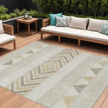 5' X 8' Beige Ivory And Taupe Southwestern Washable Indoor Outdoor Area Rug