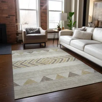 5' X 8' Beige Ivory And Taupe Southwestern Washable Indoor Outdoor Area Rug