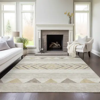 9' X 12' Beige Ivory And Taupe Southwestern Washable Indoor Outdoor Area Rug