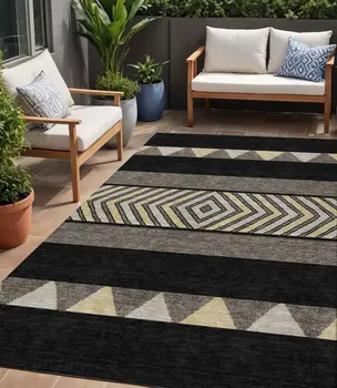5' X 8' Black Ivory And Wheat Southwestern Washable Indoor Outdoor Area Rug