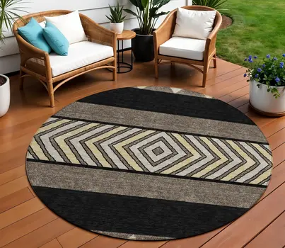 8' Black Ivory And Wheat Round Southwestern Washable Indoor Outdoor Area Rug