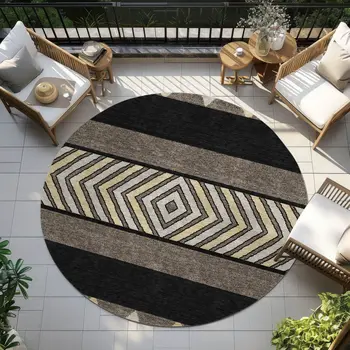 8' Black Ivory And Wheat Round Southwestern Washable Indoor Outdoor Area Rug