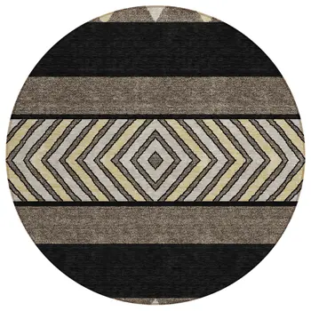 8' Black Ivory And Wheat Round Southwestern Washable Indoor Outdoor Area Rug